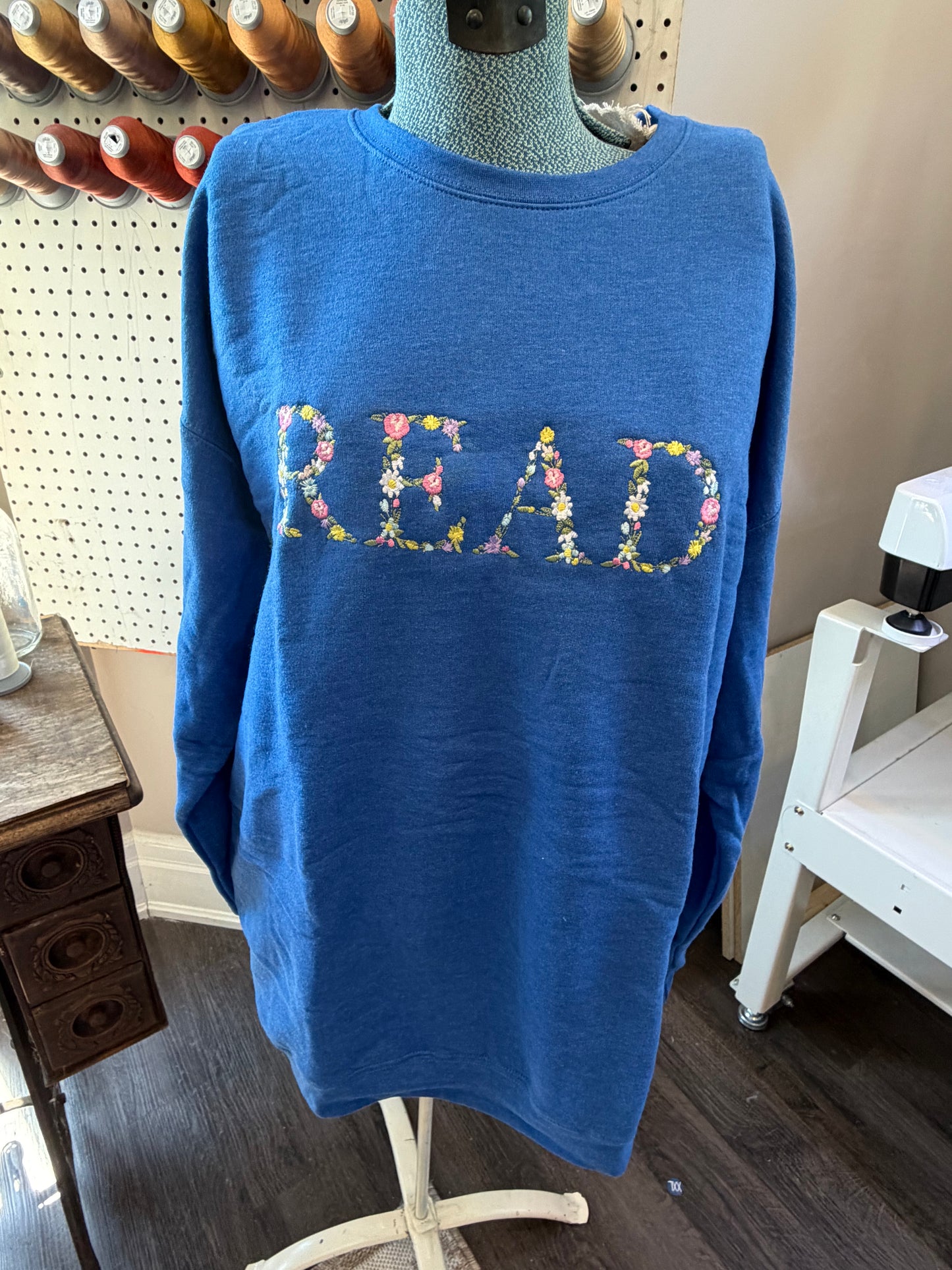 Large Heather Royal Read Floral Crew