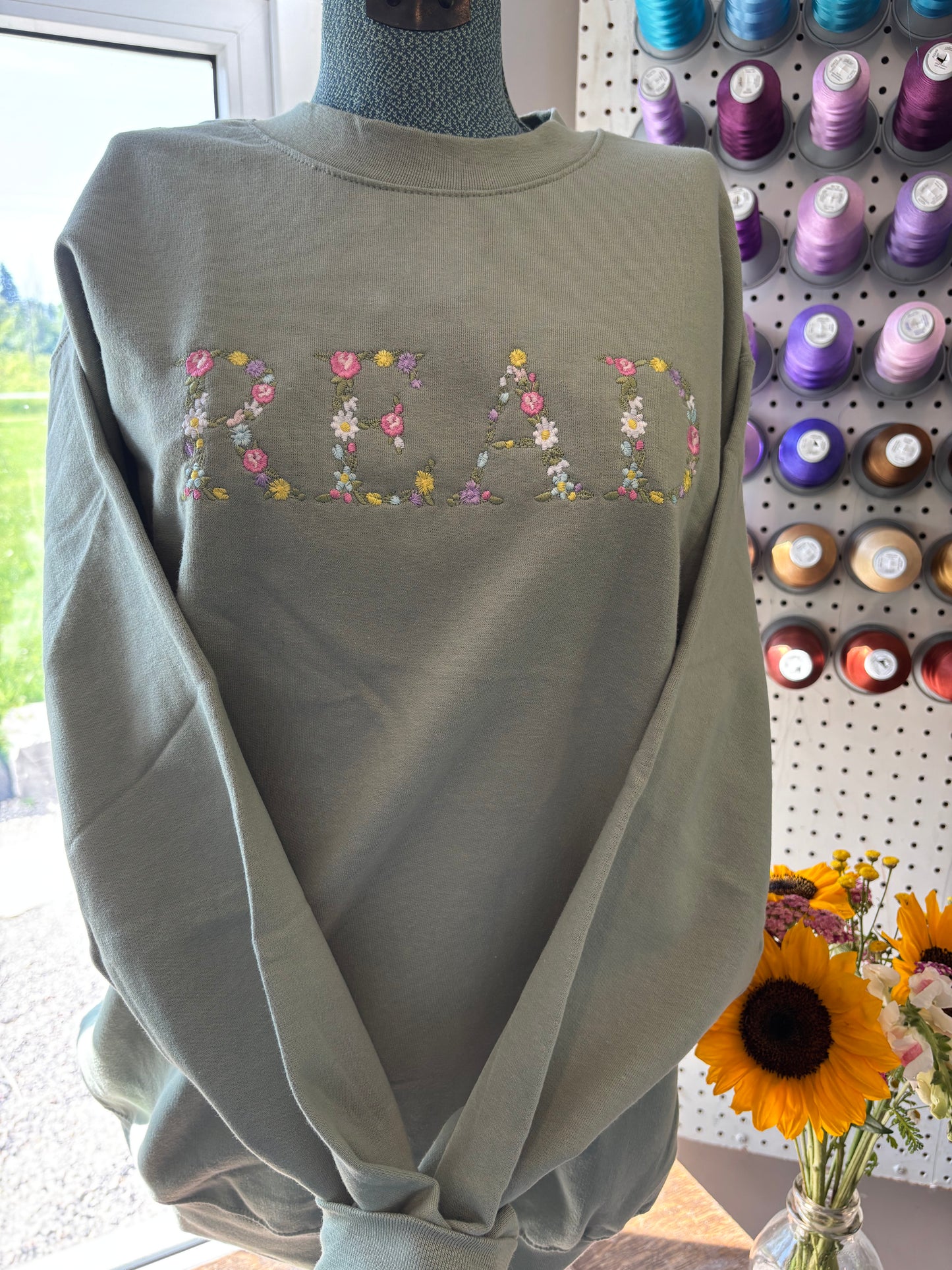Large Floral Read Green Crew