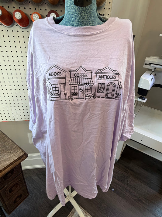 4XL Lavender books, coffee, antiques tee