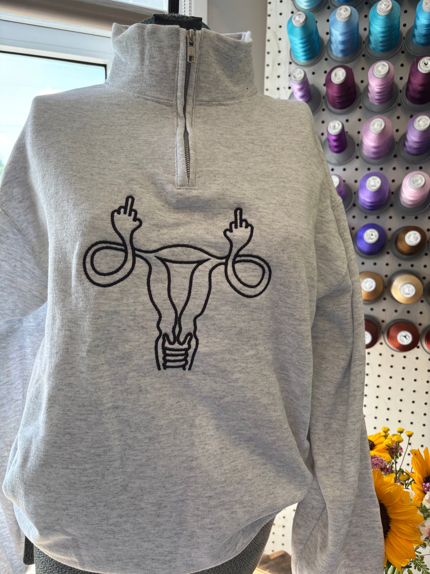 Small Ash Grey 1/4 Zip Middle Finger Uterus