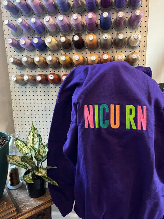 XL purple NICU RN zip-up hoodie
